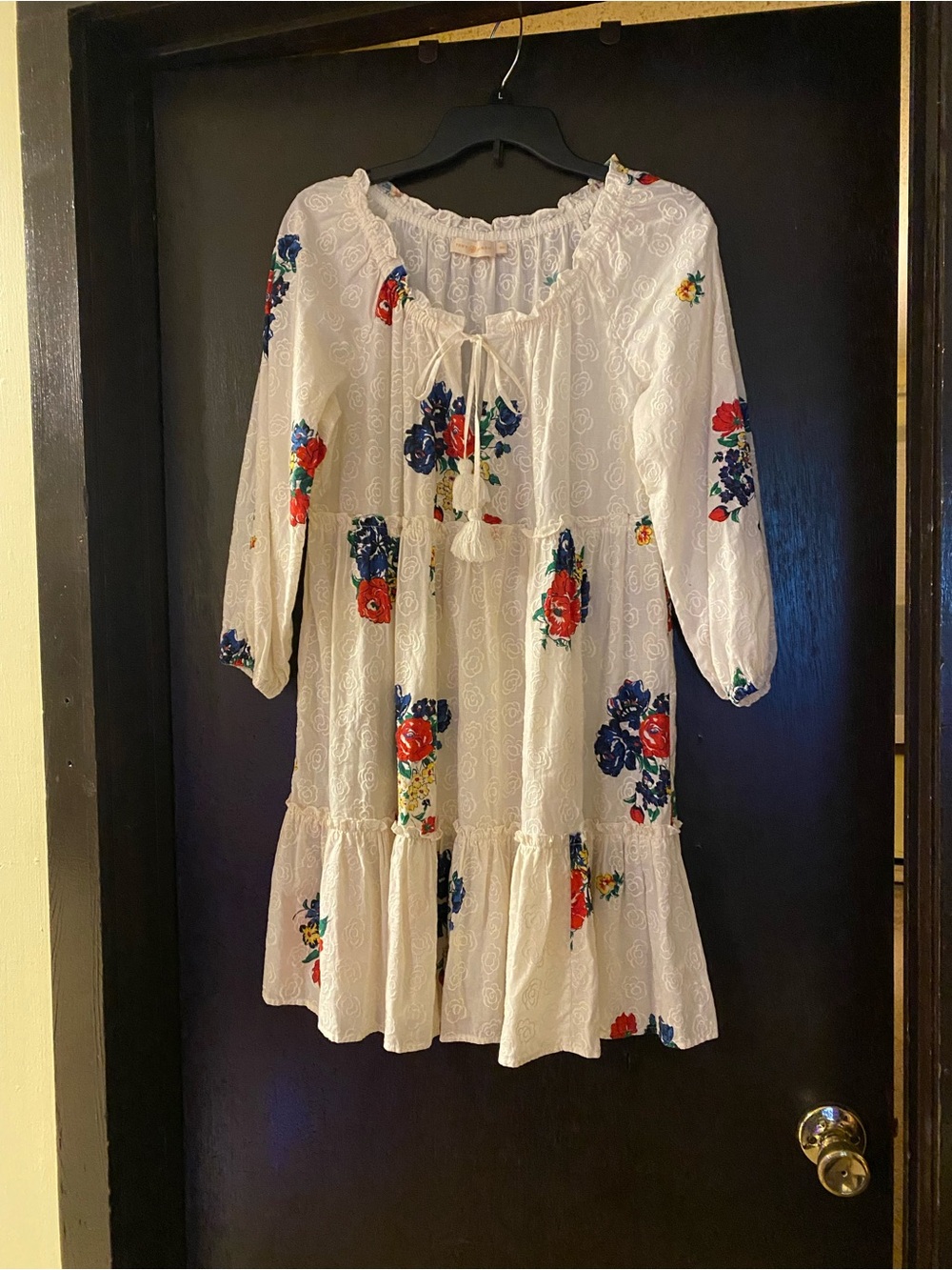 Tory Burch White Floral Tiered Sundress with Blue and Red Blooms